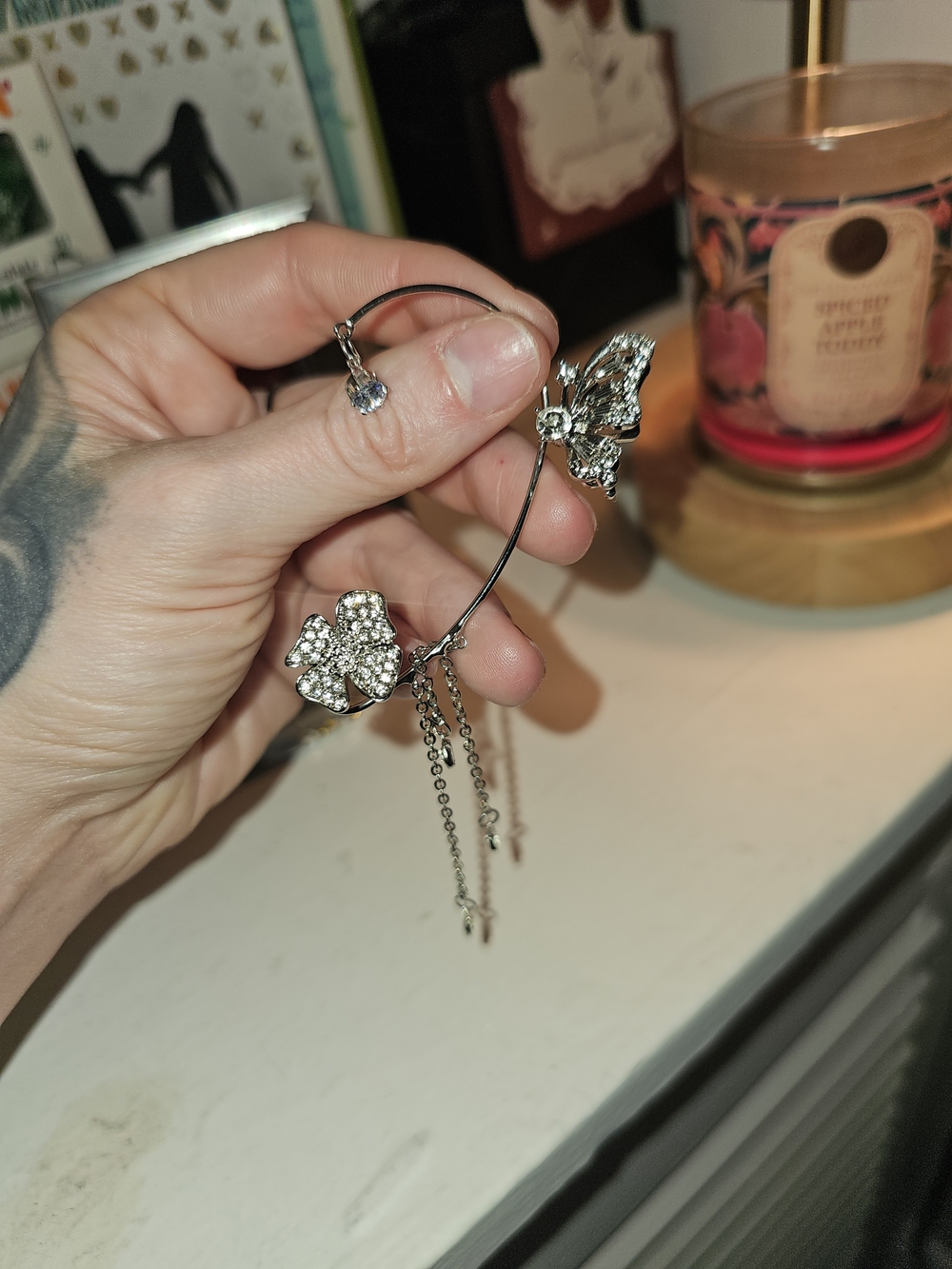 Pandora Silver-Tone Crystal Butterfly & Flower Dangling Earring